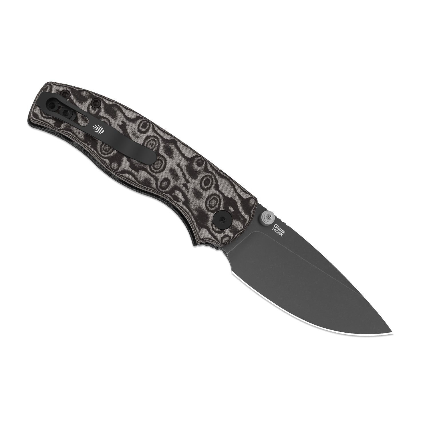 Glaux | Kizer Button Liner Lock™ | Vortex Pattern Micarta | Gray PVD Coating & Stonewashed | KizerV™ 3801A2