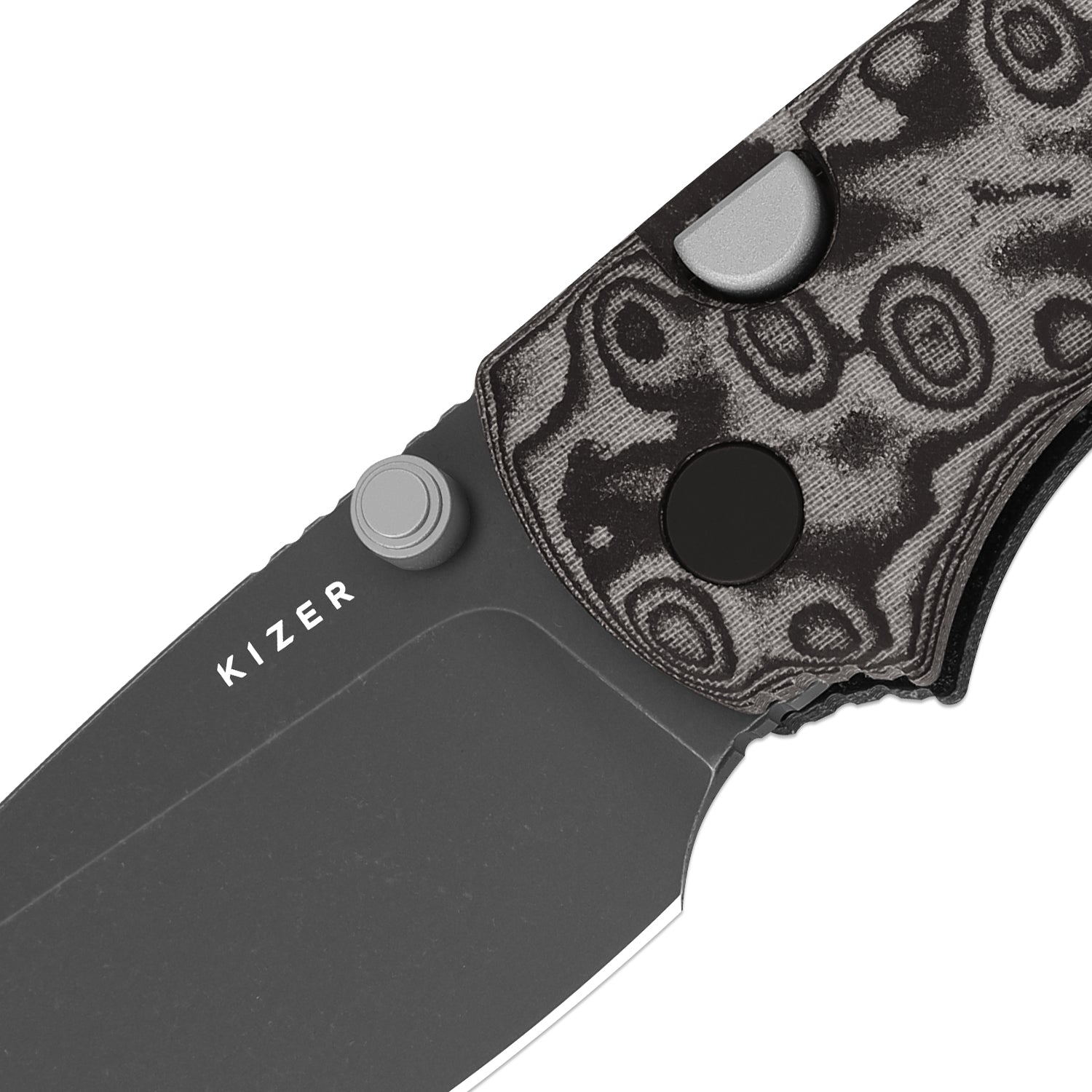 Glaux | Kizer Button Liner Lock™ | Vortex Pattern Micarta | Gray PVD Coating & Stonewashed | KizerV™ 3801A2