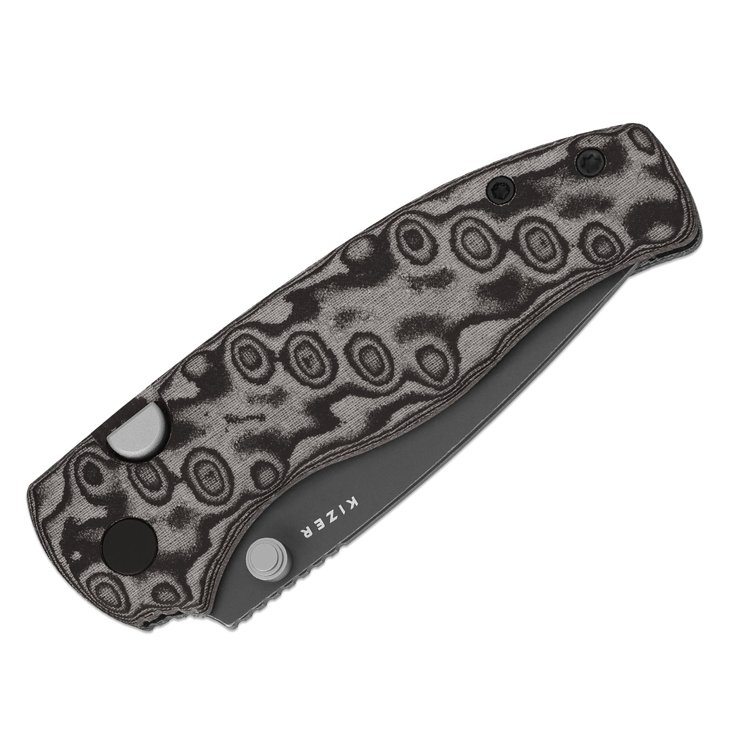 Glaux | Kizer Button Liner Lock™ | Vortex Pattern Micarta | Gray PVD Coating & Stonewashed | KizerV™ 3801A2