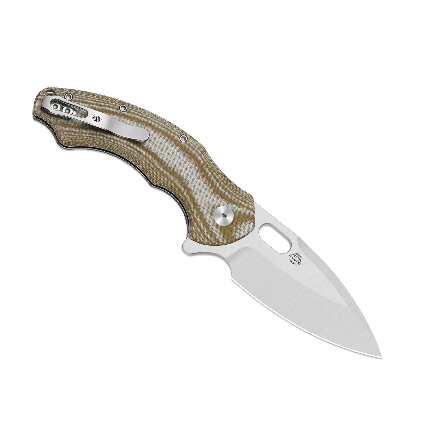 Roach XL | Kizer Button Liner Lock™ | 14C28N | Norplex UltreX™ Micarta | KizerV™ 4477BDA1
