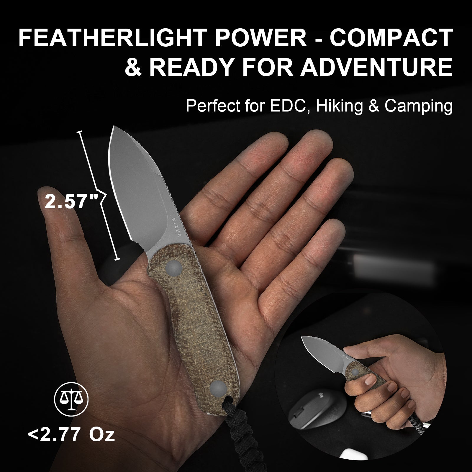 Drop Bear 2.57 inch 14C28N Burlap Micarta 1094A1-Kizer