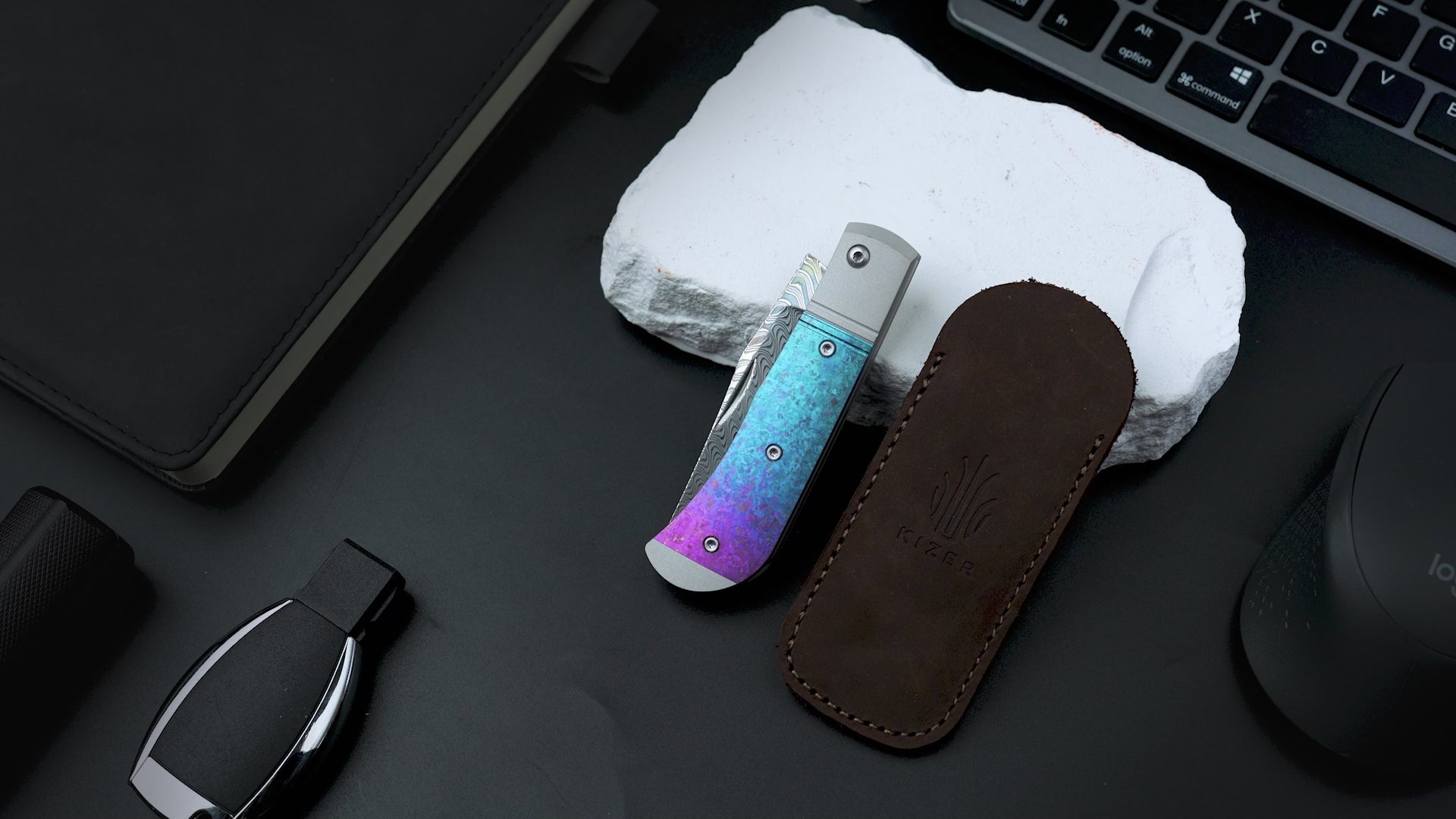 Trestle 2.9 inch Rainbow Damascus Aluminum & Crystallized Titanium