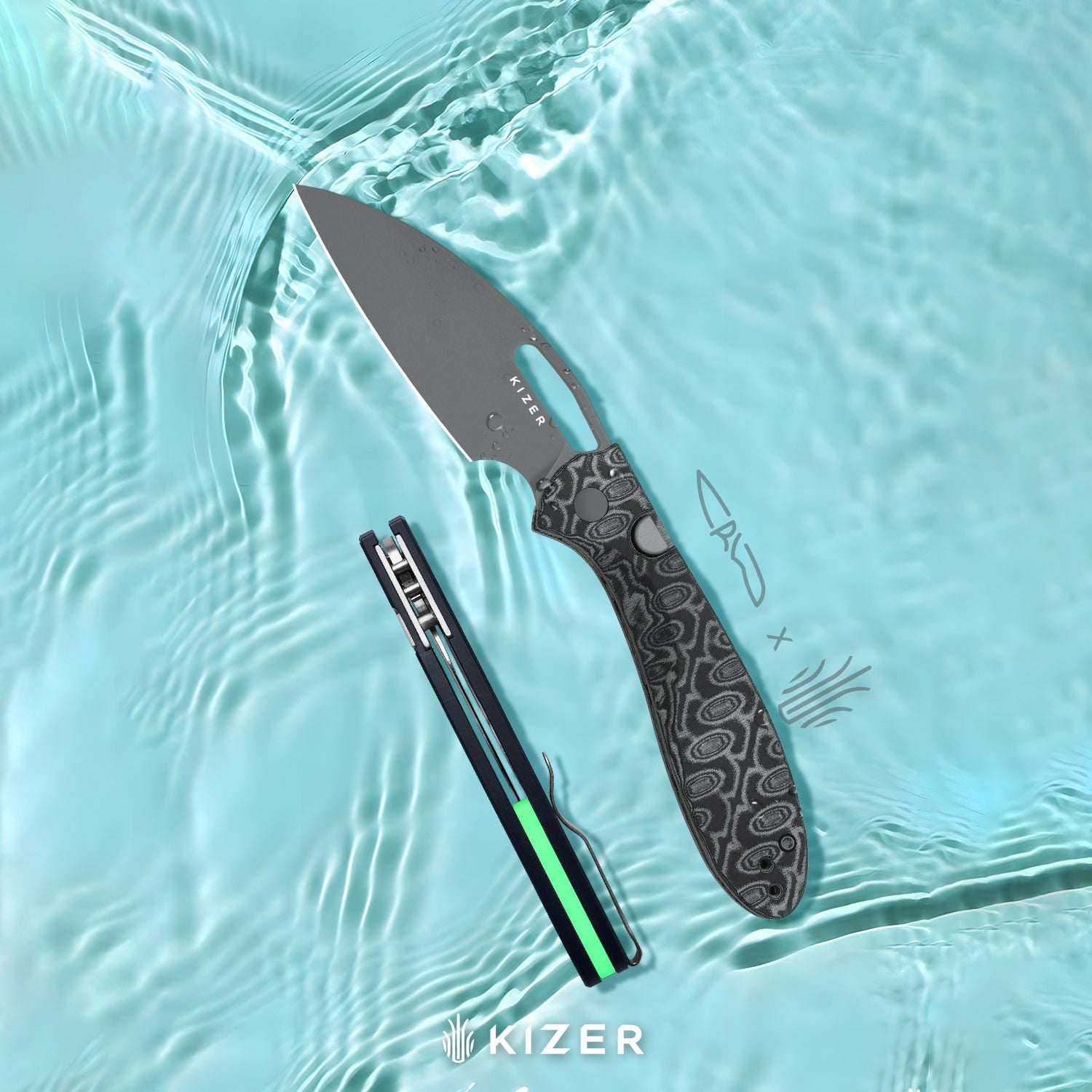 Masu | Kizer Button Liner Lock™ | GID Green G10 | 14C28N | Richlite | KizerV™ 3697A1