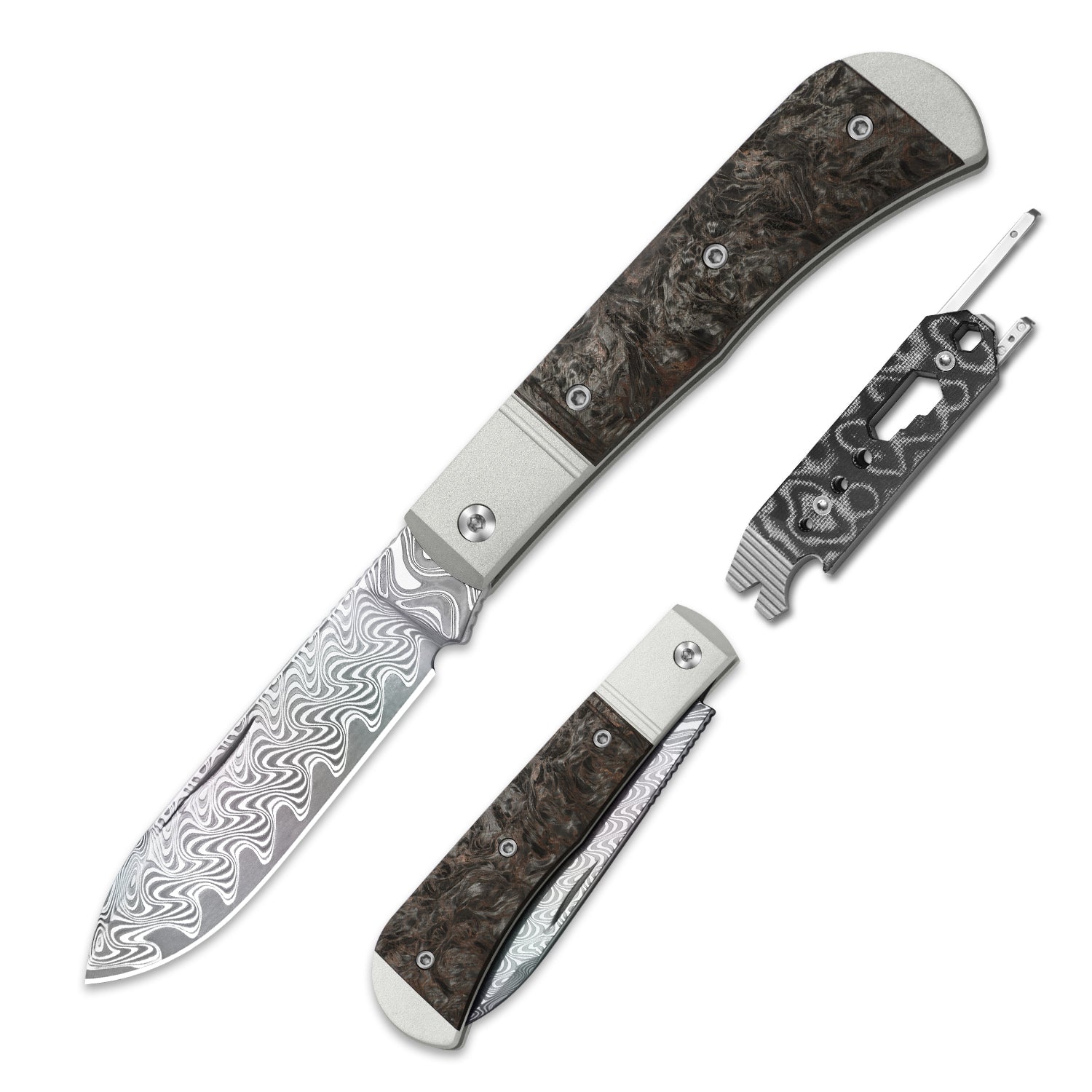 Trestle D With Pac-Bar | Rainbow Damascus | Aluminum & Fat Carbon | Slip Joint | KizerV™ 3760A4