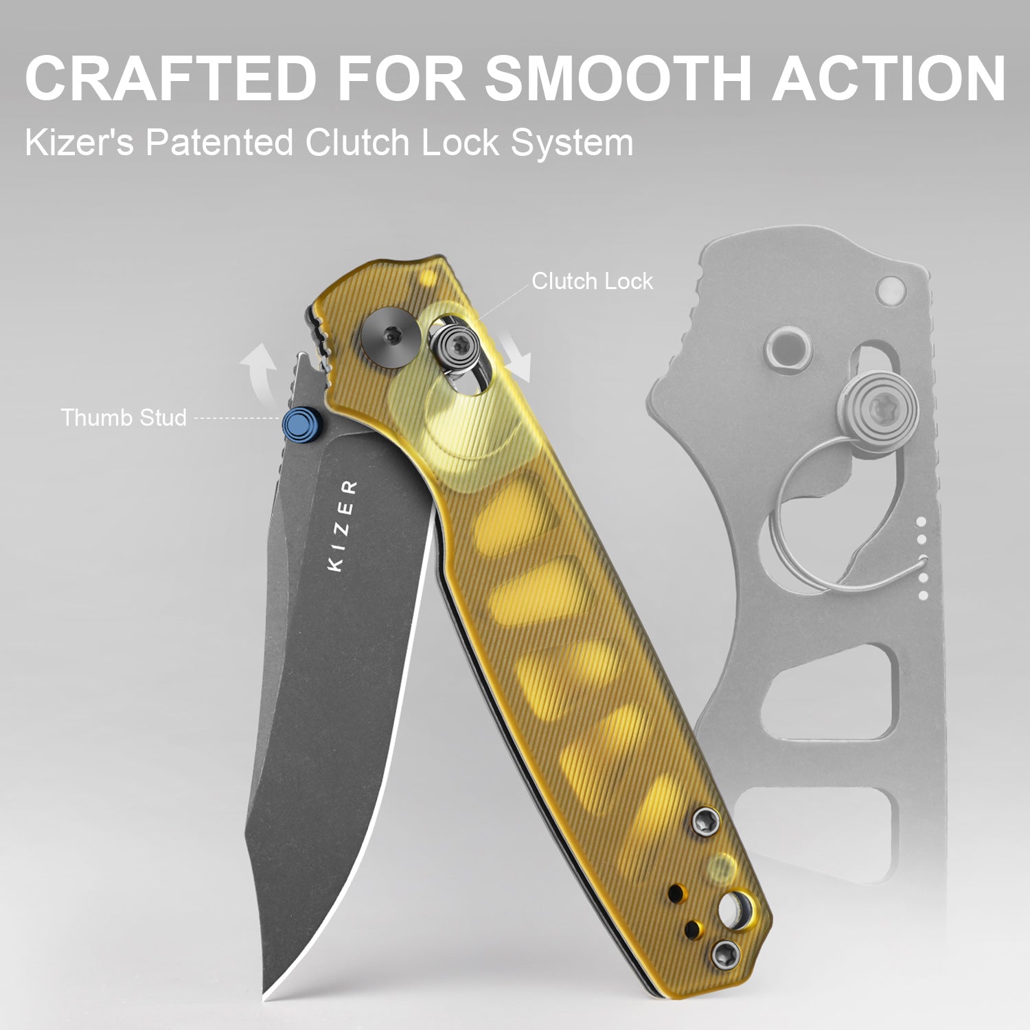 Pokiman CC | Kizer Clutch Lock™ | Clip Point | Four-Finger Full Grip | Clear PEI | KizerV™ 3789A3